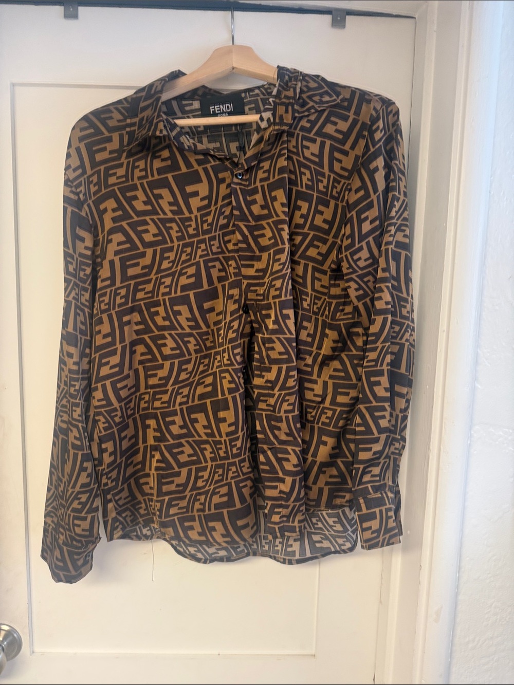 Fendi FF Logo Button-Up Shirt in Brown & Black